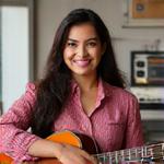 Photo professionnelle de Sofia Reyes, professeure de guitare, décontractée.