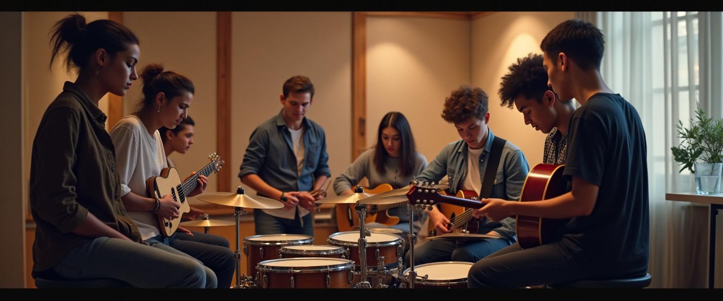 Un groupe de musiciens étudiants jouant ensemble avec un artiste invité dans un studio moderne à Paris, ambiance collaboration et énergie