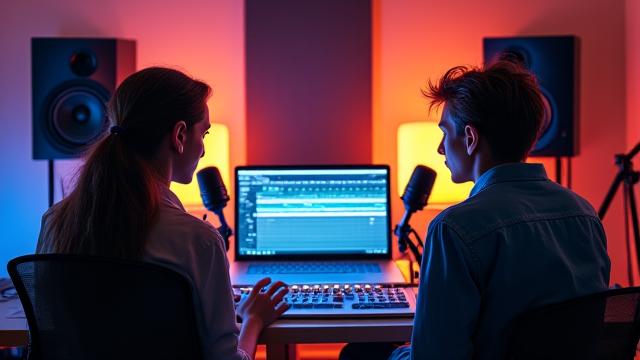 Deux jeunes songwriters échangeant des idées et des paroles devant un micro de studio