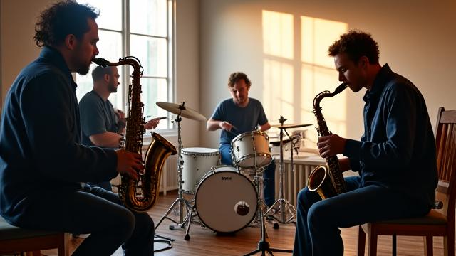 Quatre jeunes musiciens jouant de manière concentrée lors d'un stage de musique estival d'une semaine