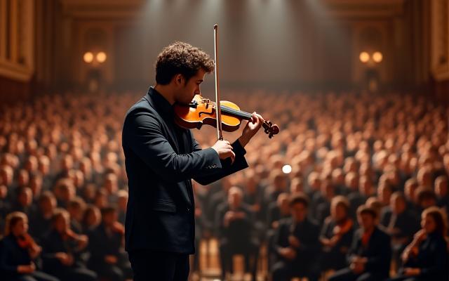 Violoniste de formation classique devant un public lors d'un concours international.