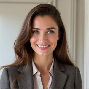 Portrait de Céline, professeure de chant lyrique, souriant chaleureusement.