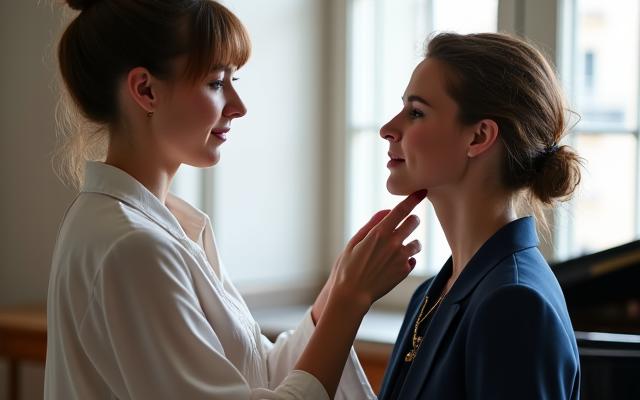 Vue rapprochée d'une professeure de chant corrigeant la posture d'une élève dans un studio moderne et lumineux à Paris.