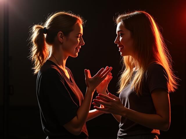 Coach scénique en train de donner des instructions gestuelles et d'expression à une élève en plein laboratoire d'interprétation.