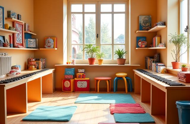 Vue panoramique d'une salle de classe d'éveil musical lumineuse, avec petits instruments colorés et tapis de jeu au sol.