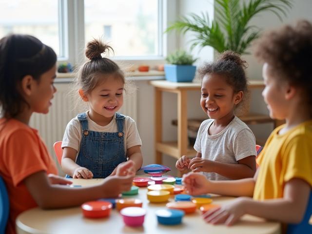 Photo d'enfants de 4-5 ans joyeusement engagés dans un cercle, jouant des instruments de percussion colorés dans une salle de classe lumineuse.