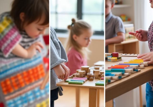 Une mosaïque visuelle montrant les éléments de la pédagogie: mains jouant du xylophone (Orff), un enfant en mouvement (Dalcroze), et des cubes d'apprentissage (Montessori).