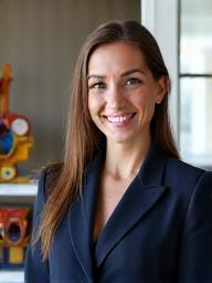 Portrait chaleureux de Marine, une professeure d'éveil musical, entourée d'instruments colorés.