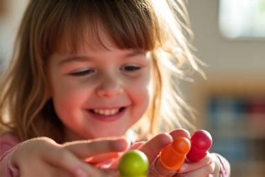 Un enfant de 3 ans souriant jouant avec des maracas en bois, se concentrant sur le son.