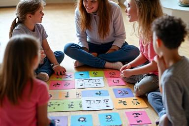Un petit groupe d'enfants de 5 ans autour d'une professeure, utilisant de grandes cartes illustrant des symboles rythmiques.