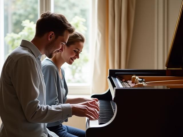 Une femme adulte souriante recevant une leçon de piano dans un studio bien éclairé.