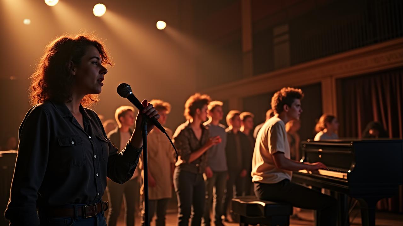 Un groupe d'artistes divers chantant ensemble sur scène avec un éclairage dramatique, symbolisant la passion et la performance.