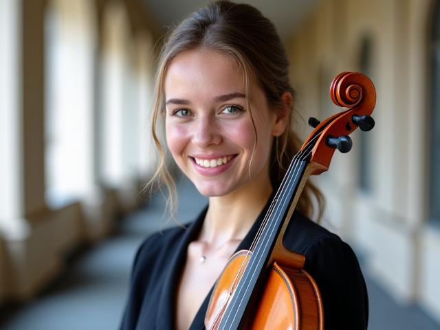 Photo de Caroline, 18 ans, souriante tenant son violon.