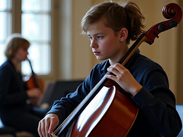 Un jeune musicien concentré jouant du violoncelle lors d'une répétition, sous la supervision attentive d'un professeur.