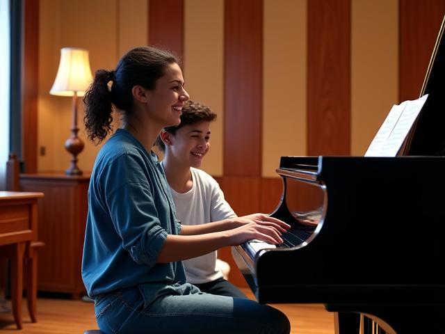 Professeur de chant souriant accueillant un étudiant dans un studio de musique élégant à Paris pour un cours d'essai gratuit.