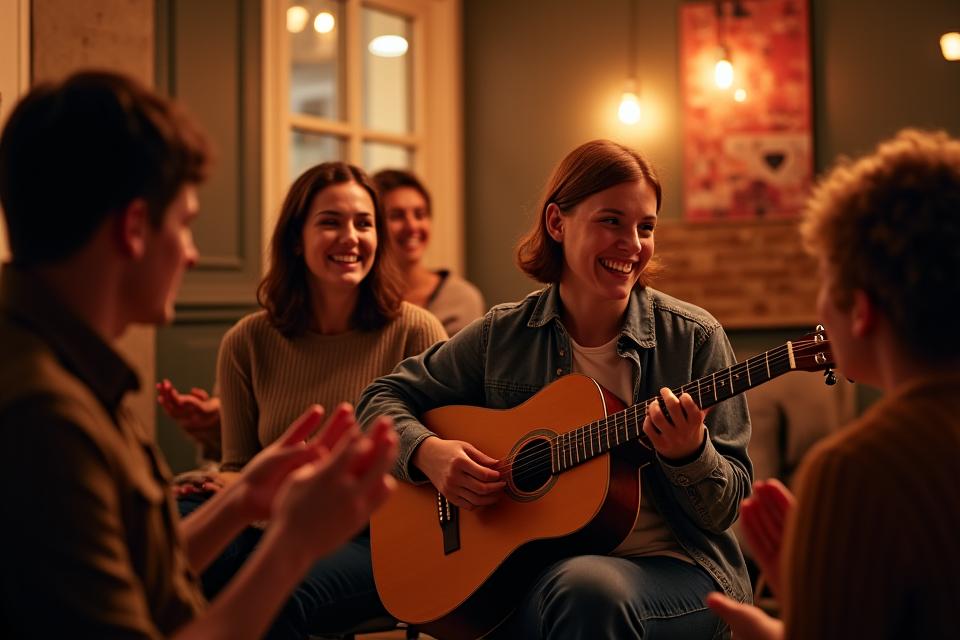 Groupe d'adultes souriants participant à un petit concert informel d'étudiants dans un salon musical confortable.