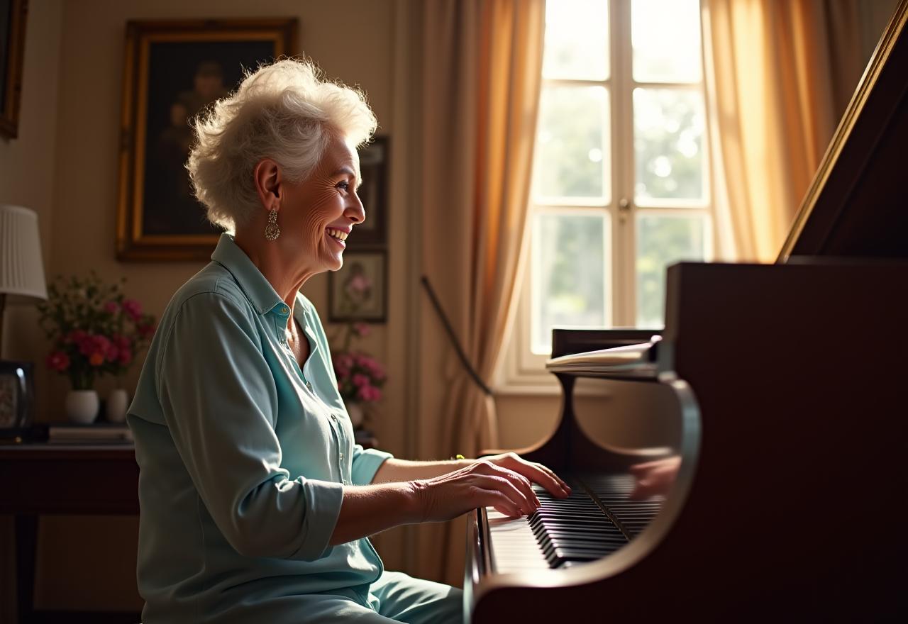 Photo d'une femme adulte de 50 ans souriante jouant du piano pendant une leçon individuelle dans un studio chaleureux.