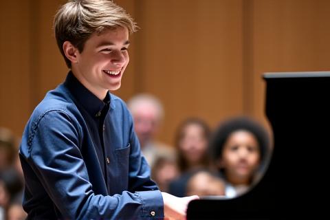 Jeune pianiste souriant après une performance, avec un logo de conservatoire en arrière-plan.