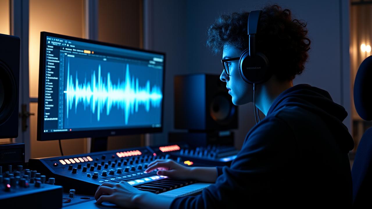 Image d'un étudiant travaillant concentré sur une console de mixage professionnelle dans le studio d'Aria Créative à Paris