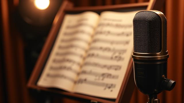 Partition musicale et micro à ruban dans un studio d'enregistrement pour musique classique