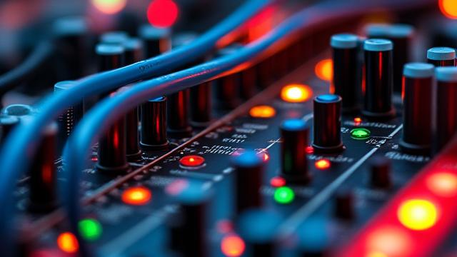 Vue rapprochée d'un synthétiseur modulaire complexe avec de nombreux câbles