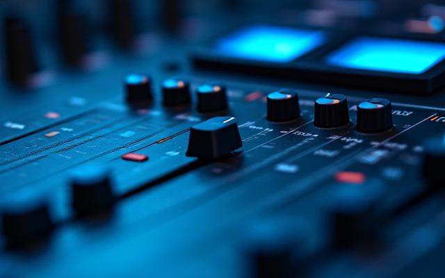 Photo détaillée d'une console de mixage haut de gamme avec des faders illuminés dans un studio professionnel.