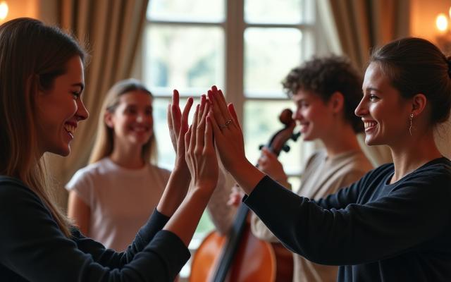 Étudiants souriants et heureux de l'école Aria Créative, illustrant un environnement d'apprentissage chaleureux et réussi à Paris.