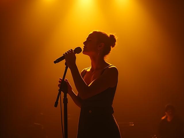 Clara M. en pleine performance vocale sur une scène minimaliste, éclairée par une lumière chaude.
