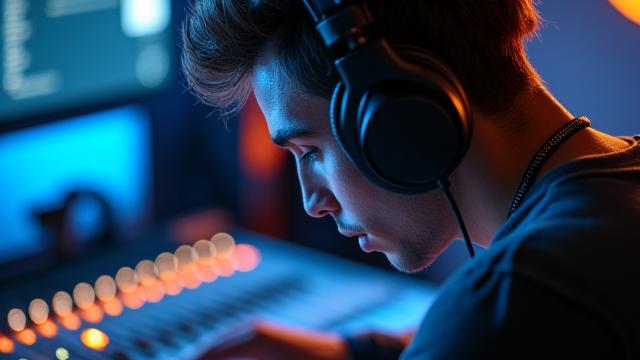 David C., étudiant en production musicale, casques sur les oreilles en studio.