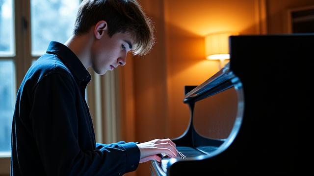 Marc L., jeune étudiant pianiste, concentré sur son clavier.