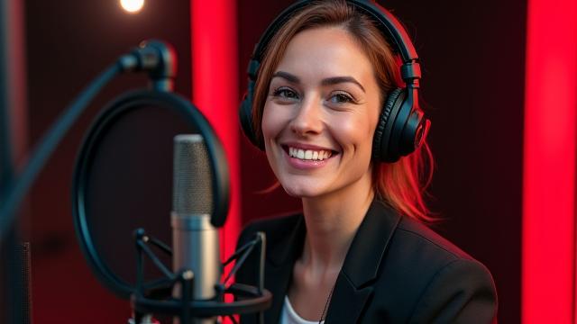 Sophie P., étudiante en chant, souriant devant un microphone.