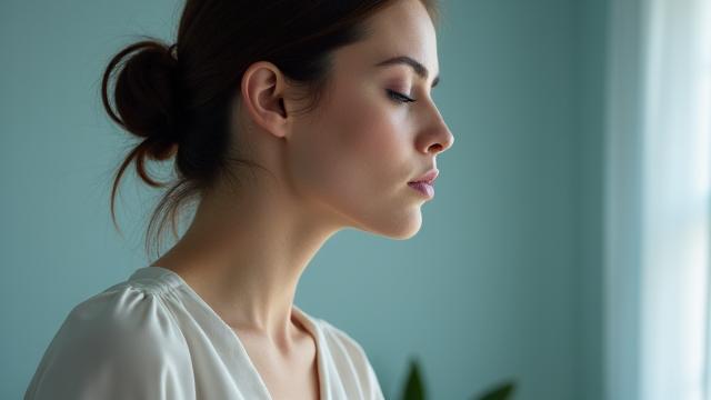 Gros plan sur une chanteuse qui respire profondément, illustrant l'amélioration de la technique vocale et du contrôle de la justesse.