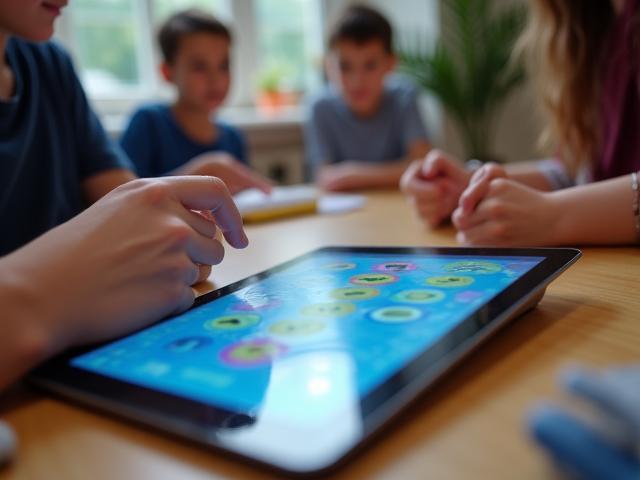 Gros plan sur une tablette affichant une application interactive de solfège gamifié, avec des notes colorées et un feedback immédiat.
